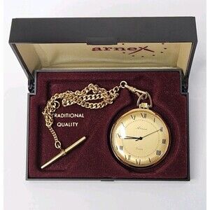 Arnex Gold Tone Quartz Pocket Watch with Chain in Original Box Swiss 6J Battery